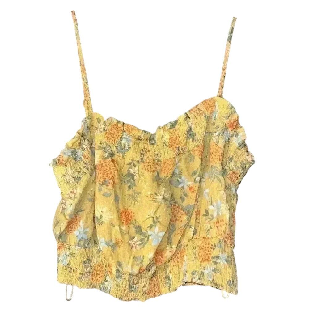Pink Rose Yellow Floral Smocked‎ Crop Top Spaghetti Strap Summer Cami L A14